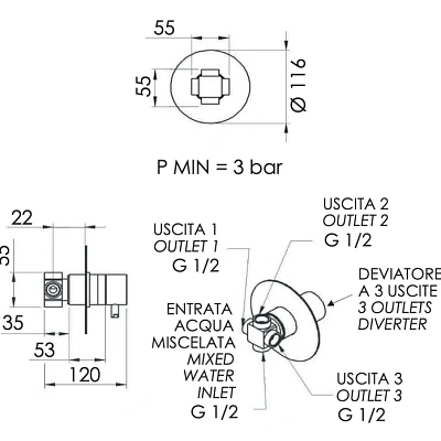 Дивертер на 3 выхода Remer X Style N93DEV3, хром