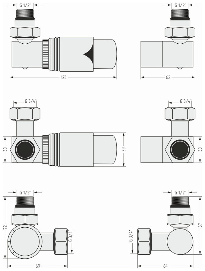 Терморегулятор автоматический 3D Сунержа левый (G 1/2" НР х G 3/4" НГ)