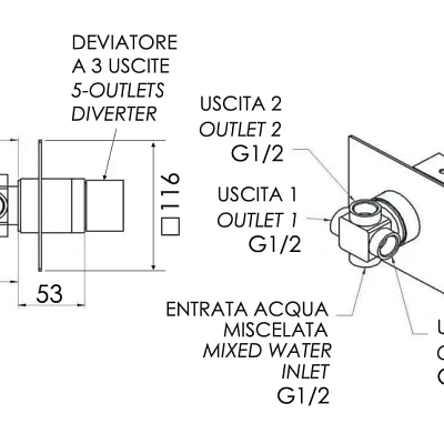 Дивертер на 3 выхода Remer Qubika Q93DEV3, хром