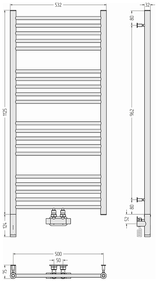 Электрический полотенцесушитель Сунержа Богема EU50+ 3.0 прямая 1200х500, Без покрытия, арт.00-0720-1250