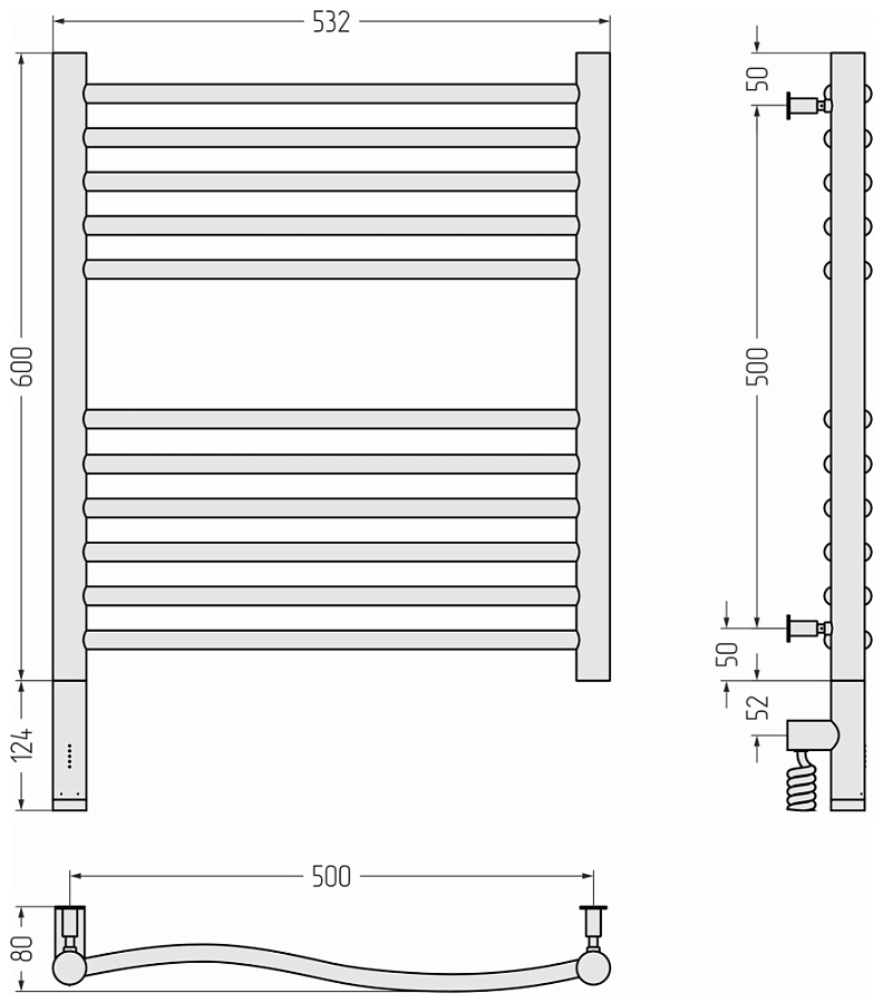 Электрический полотенцесушитель Сунержа Флюид 3.0 600х500 МЭМ левый, Матовый чёрный, арт.31-5820-6050