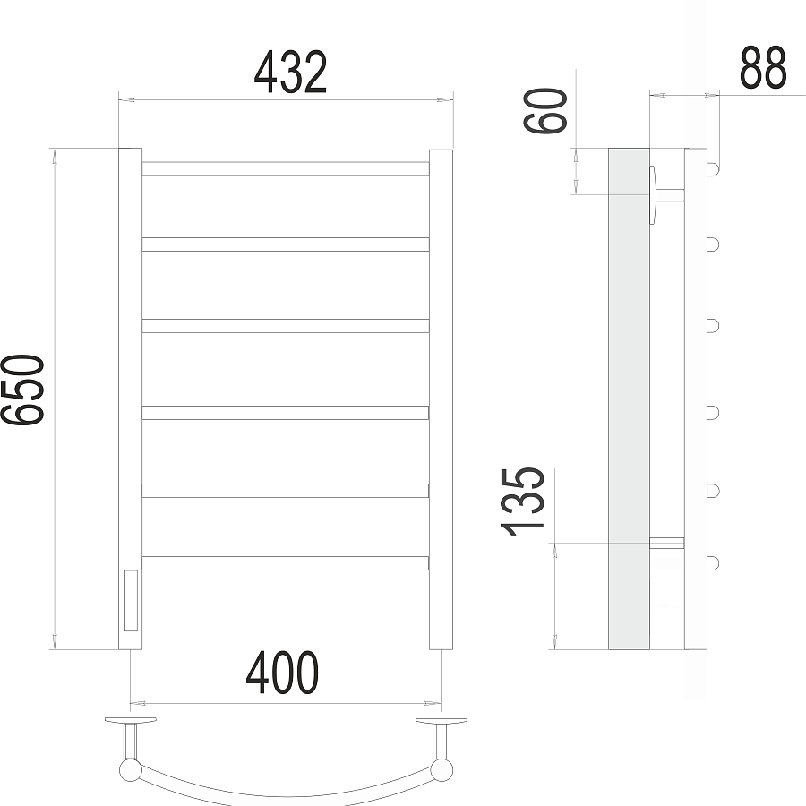 Классик П6 400х650 Электро (quick touch) слева Полотенцесушитель TERMINUS, арт.4670078531315