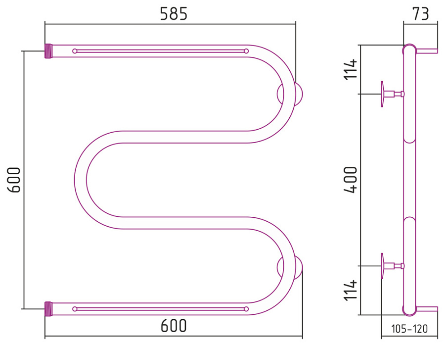 Водяной полотенцесушитель Стилье М-образный 2 полки 600х600 резьба-сгон 1", Без покрытия, арт.00014-6060