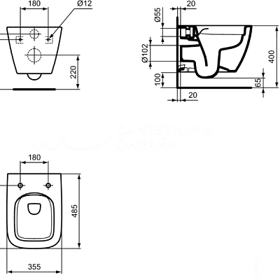 Подвесной унитаз Ideal Standard i.life S (Короткая проекция - 48 см.) с технологией RimLS+ с тонким сиденьем Soft-Close, T459201+T532901