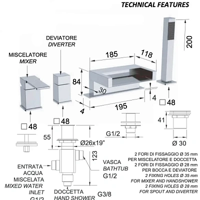 Смеситель для ванны Remer Qubika Cascata QC06BO, белый матовый