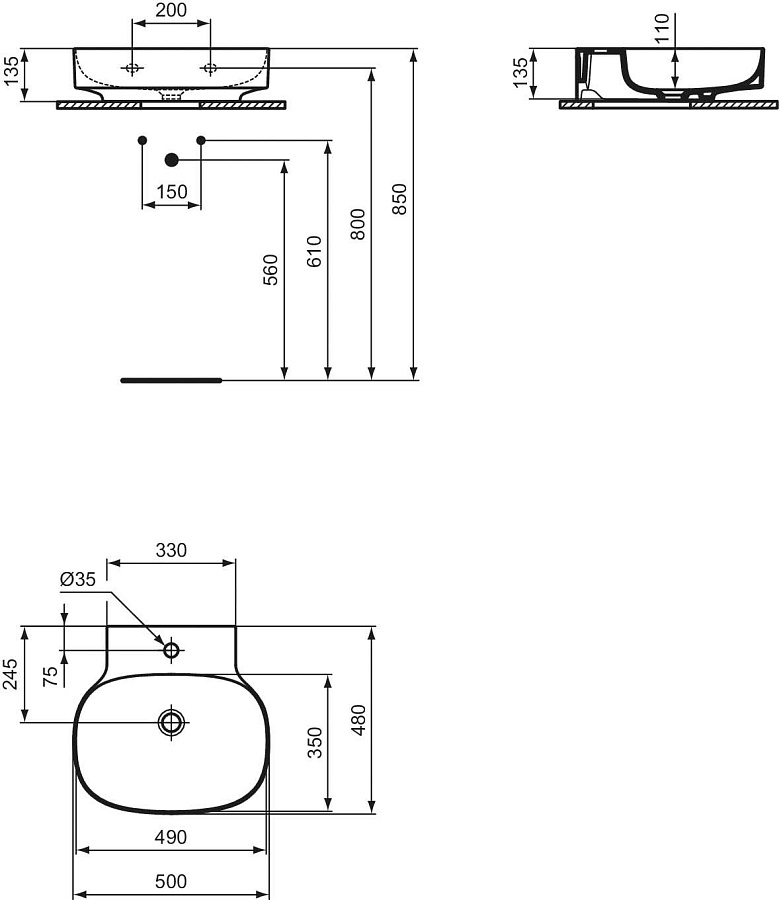 Раковина Ideal Standard Atelier Linda-X 50x48 см T498501 без перелива, шлифованный низ, белый глянцевый