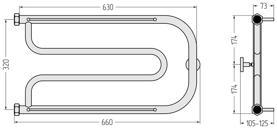 Водяной полотенцесушитель Сунержа Гусли 2 полки 320х650, Без покрытия, арт.00-0010-3265