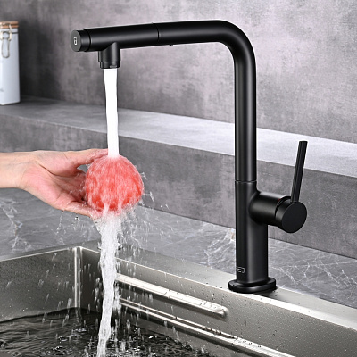 AQM9903MB Cucina Смеситель для кухни с выдвижным L-образным изливом, с подключением к фильтру с питьевой водой, черный матовый