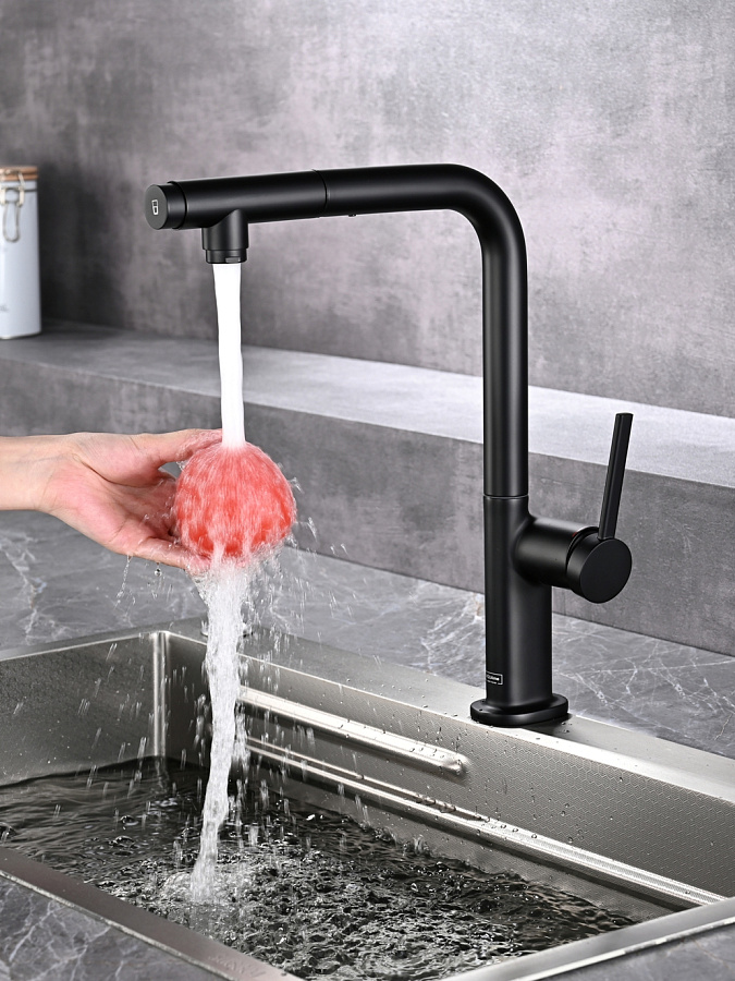 AQM9903MB Cucina Смеситель для кухни с выдвижным L-образным изливом, с подключением к фильтру с питьевой водой, черный матовый