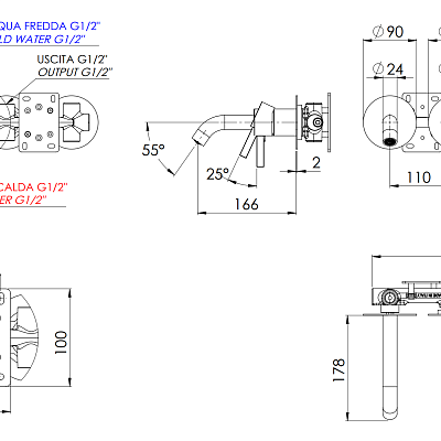 Смеситель для ванны Remer Metrica MC54D3PNO, черный матовый
