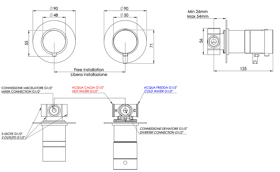 Смеситель термостатический для душа Remer X Style XT96D3. хром