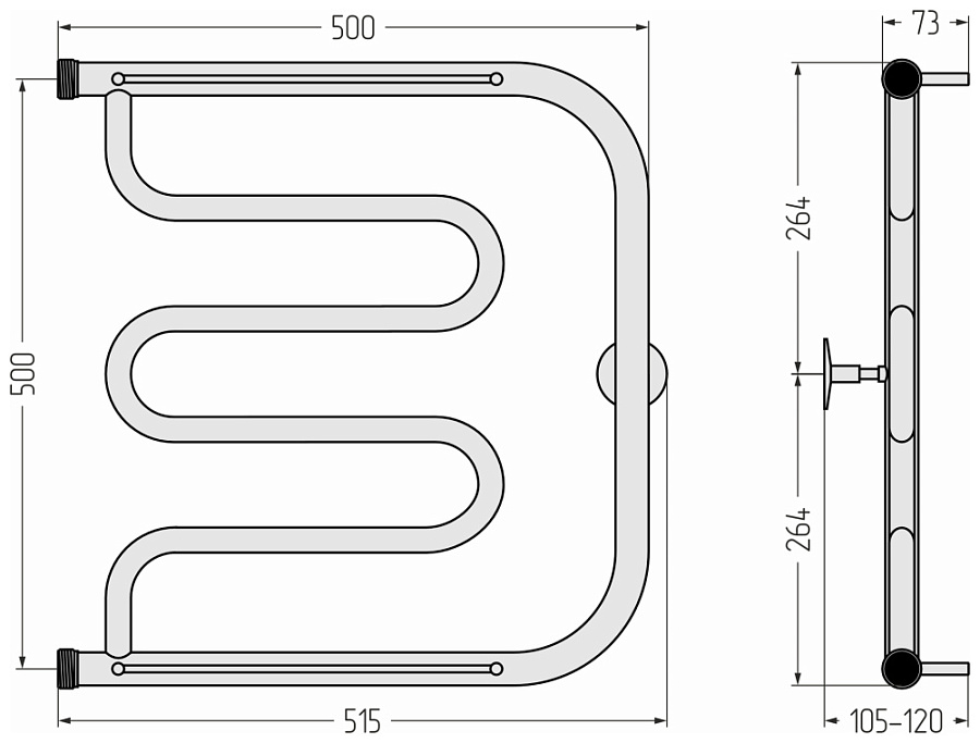 Водяной полотенцесушитель Стилье Тандем 2 полки 500х500 резьба-сгон 1", Без покрытия, арт.00016-5050