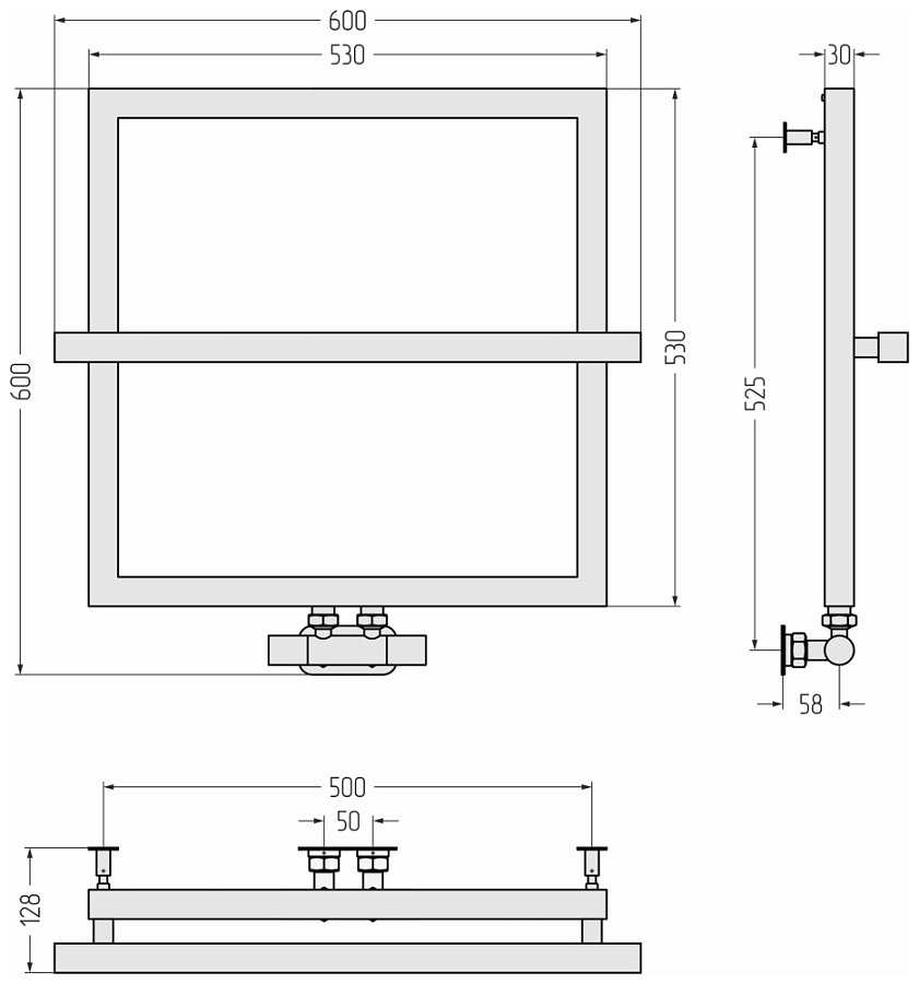 Водяной полотенцесушитель Сунержа Штиль EU50+ 530х530, Без покрытия, арт.00-0256-5353