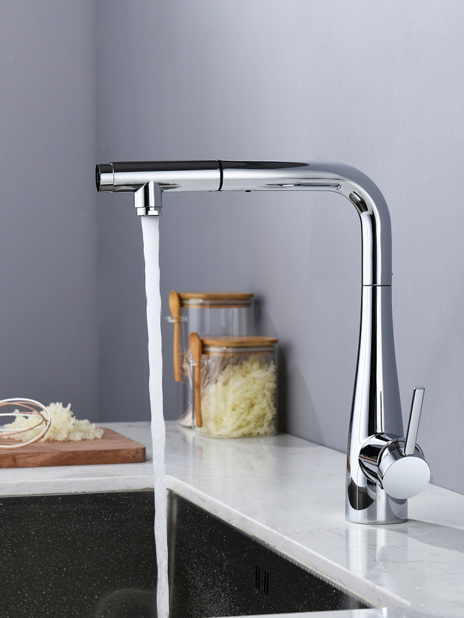 AQM9902CR Cucina Смеситель для кухни с выдвижным L-образным изливом, хром