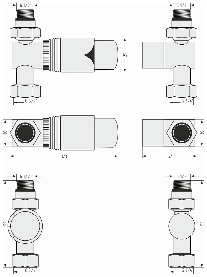 Терморегулятор автоматический прямой G 1/2" НР х G 3/4" НГ / набор (Без покрытия), арт.00-1420-0001