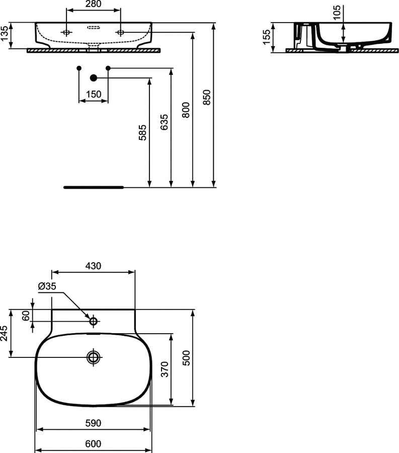 Раковина Ideal Standard Atelier Linda-X 60x50 см T4983V1 с переливом, шлифованный низ, белый матовый