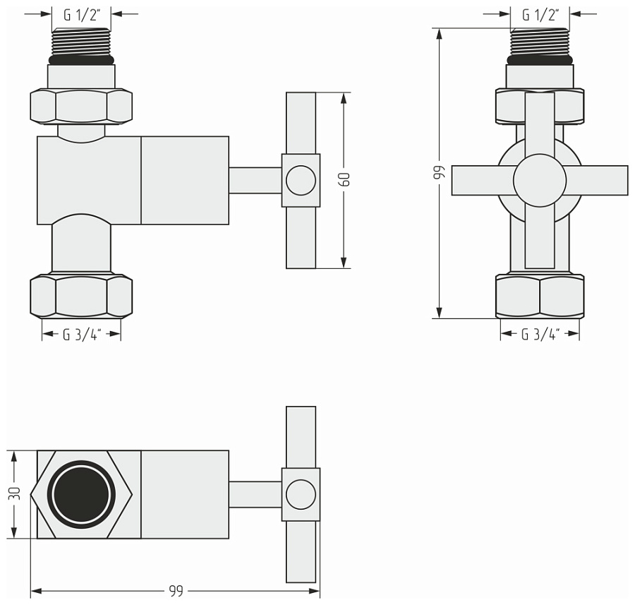 Вентиль Сунержа прямой крест (G 1/2" НР х G 3/4" НГ)