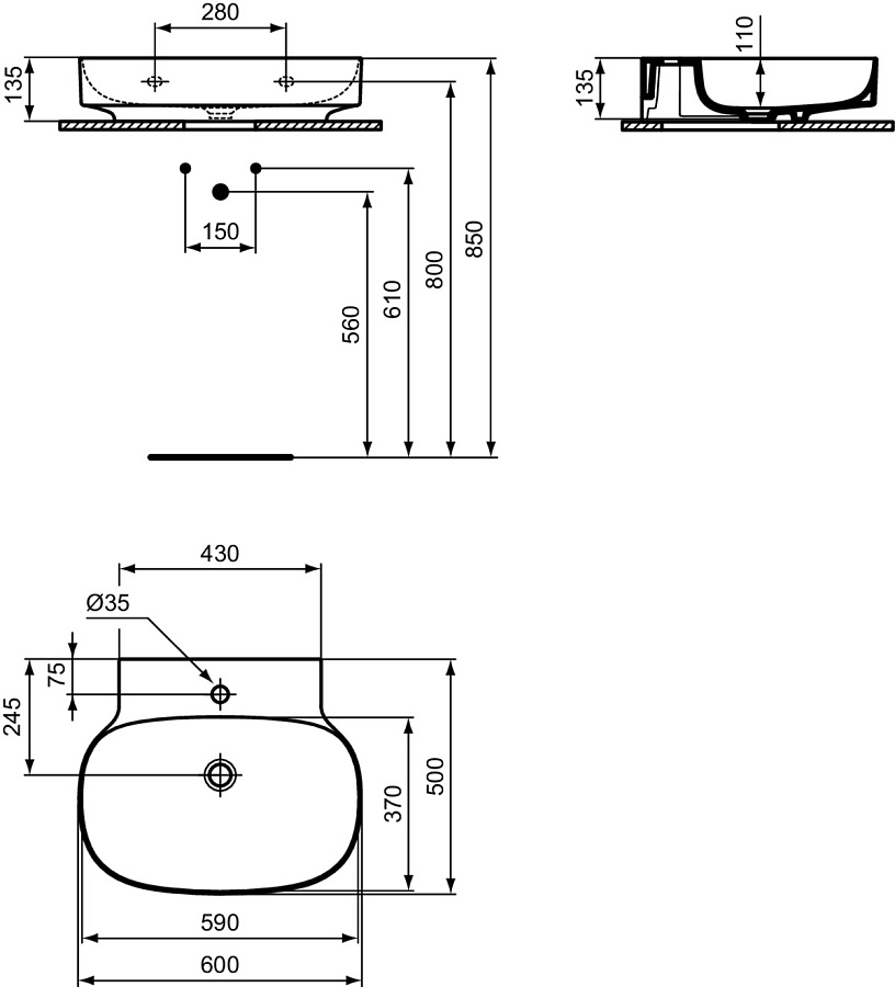 Раковина Ideal Standard Atelier Linda-X 60x50 см T4988V1 без перелива, шлифованный низ, белый матовый