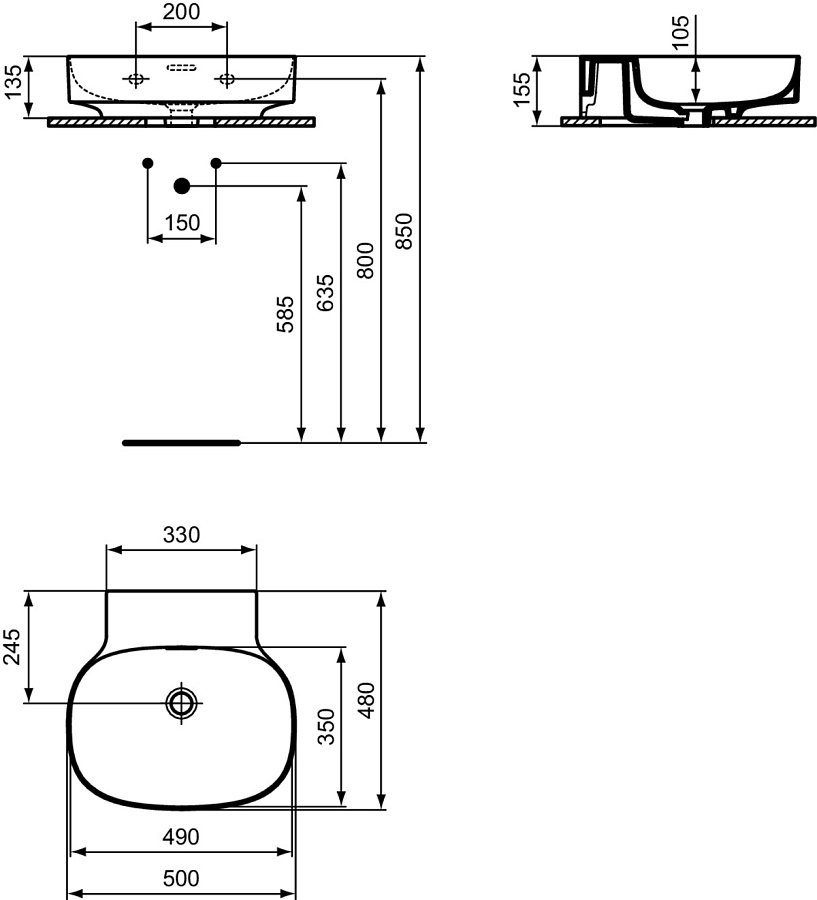 Раковина Ideal Standard Atelier Linda-X 50x48 см T498201 без отверстия под смеситель, с переливом, шлифованный низ, белый глянцевый