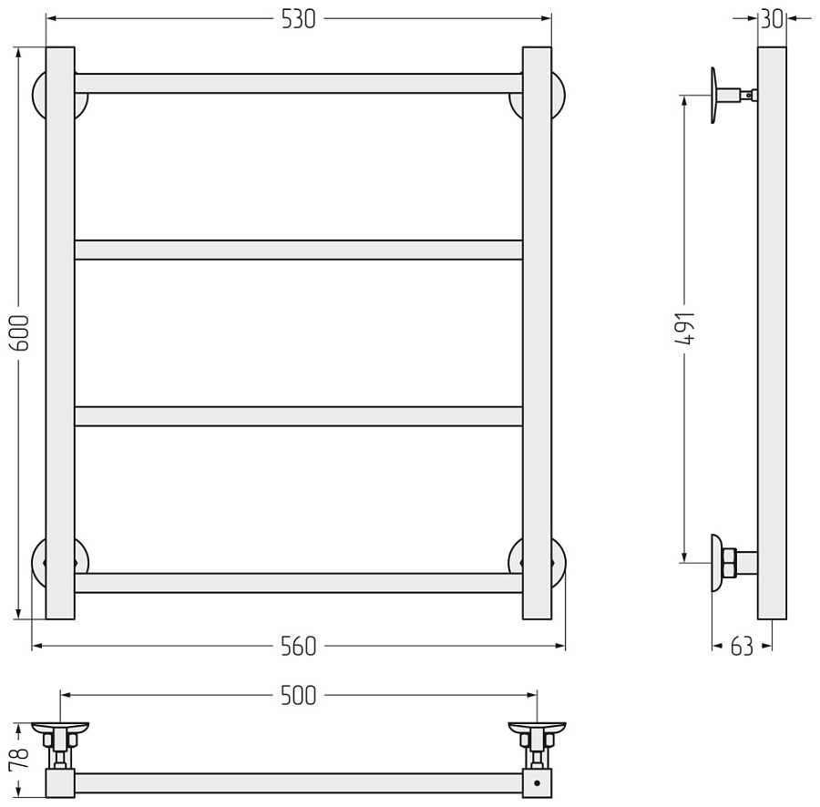 Водяной полотенцесушитель Стилье Версия-КН 600х500 (4) П 20х20, Без покрытия, арт.00640-6050