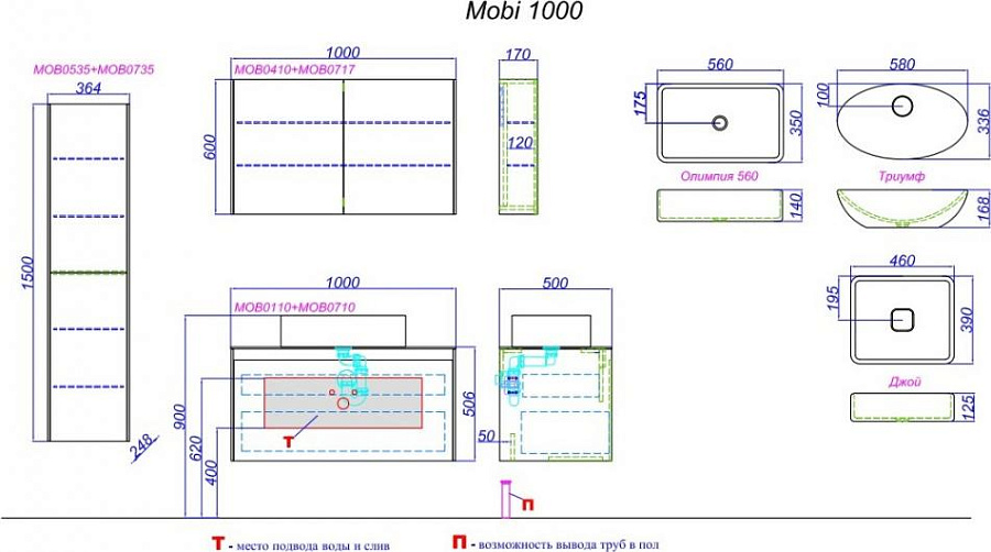 Фасад тумбы под умывальник Aqwella 5 stars Mobi MOB0710W 100 белый глянец
