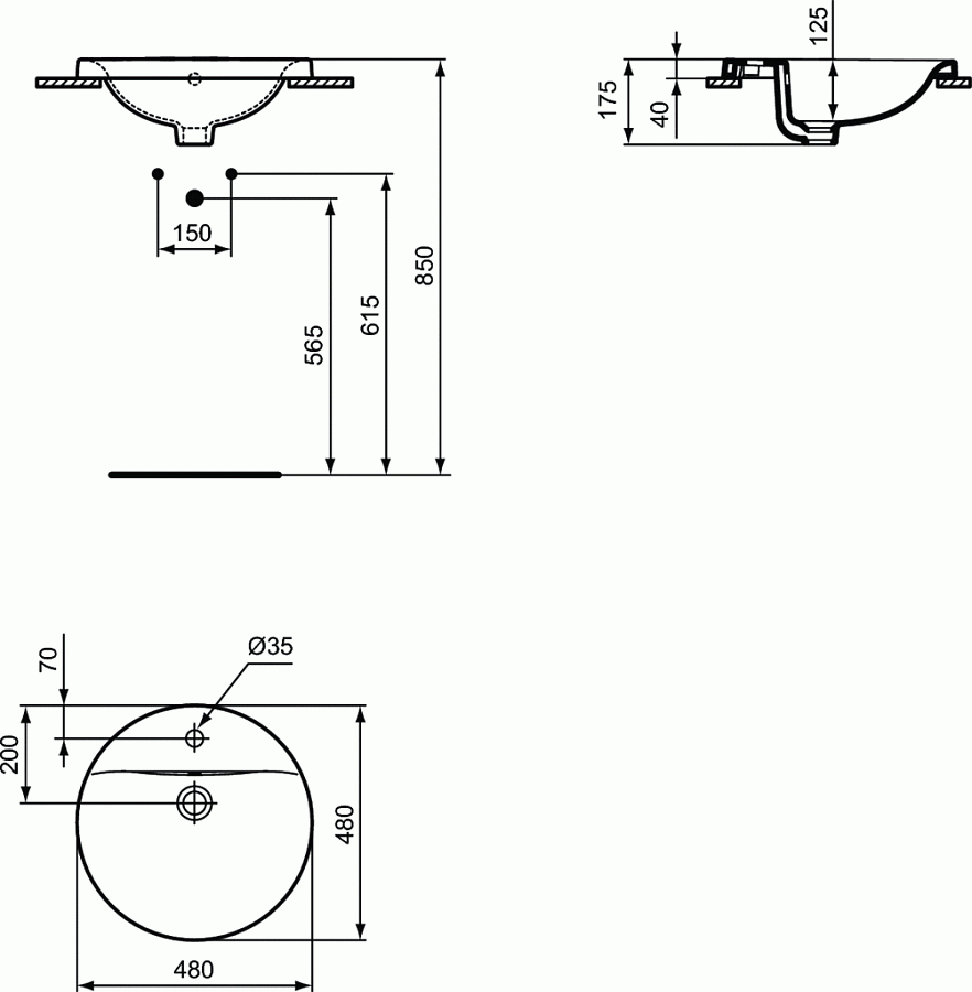 Круглый встраиваемый на столешницу умывальник 48 см Ideal Standard CONNECT E504201