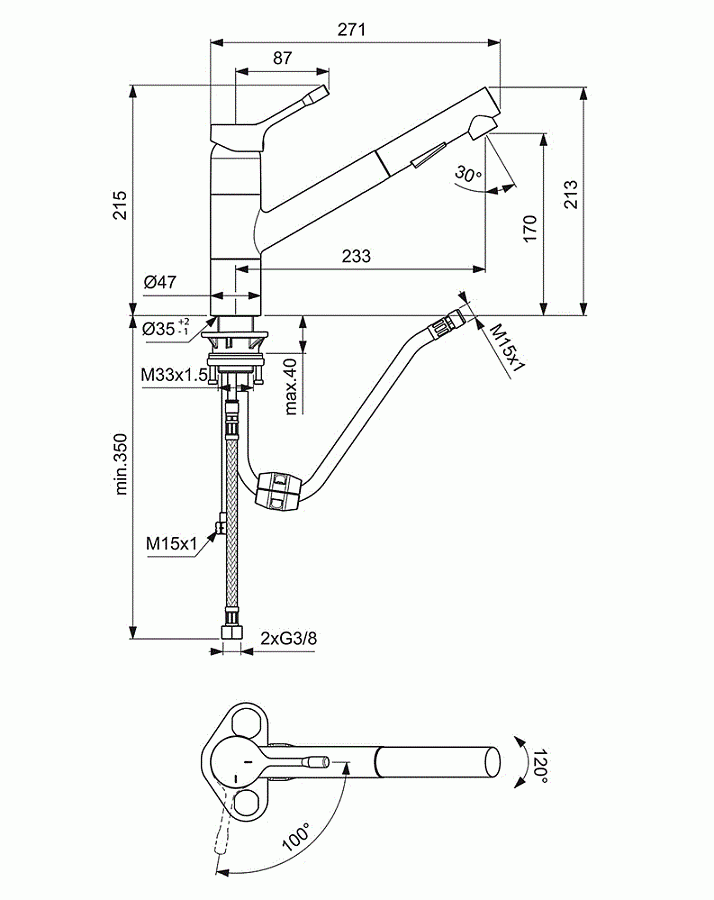 Смеситель Ideal Standard Ceralook для кухонной мойки, хром матовый, черный, BC297GN, цвет хром матовый / черный