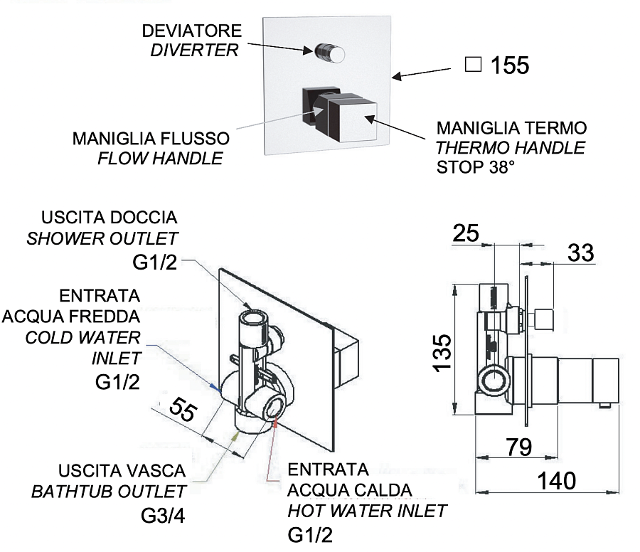 Смеситель термостатический для душа Remer Q-Elegance QT09, хром
