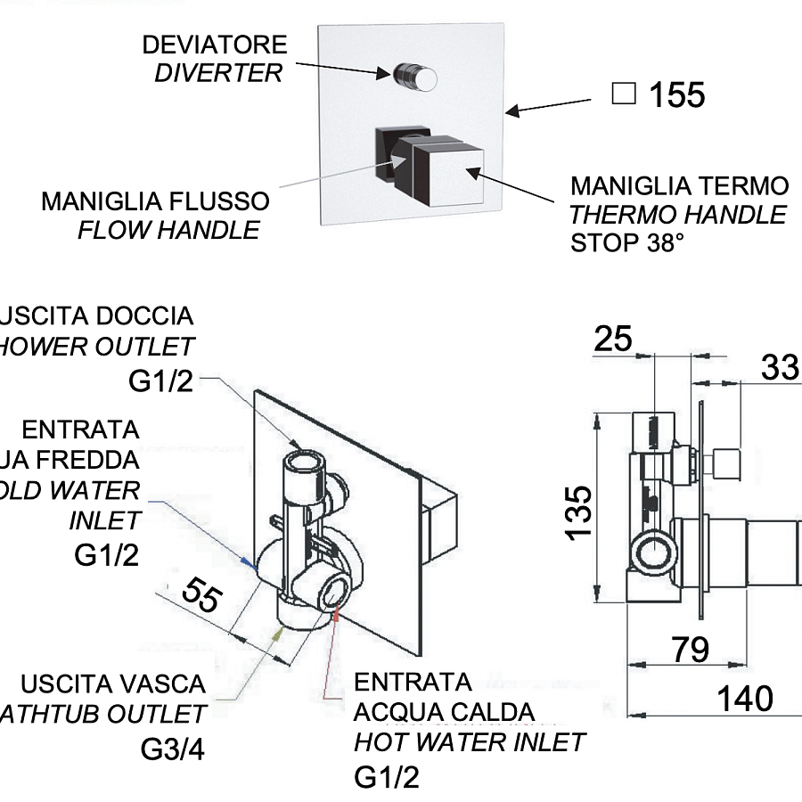 Смеситель термостатический для душа Remer Q-Elegance QT09, хром