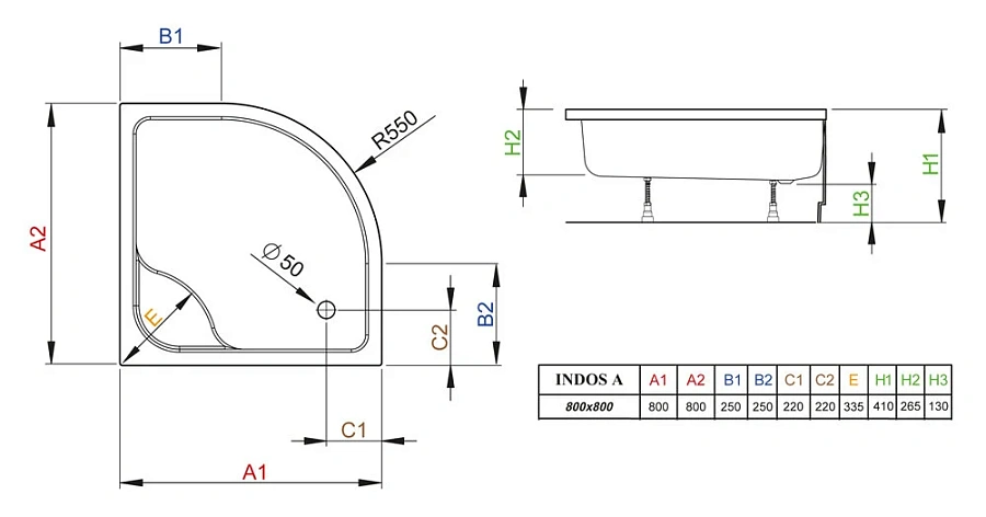 Поддон для душа Radaway Indos SIA8080-01 A800, 80 x 80 см, четверть круга