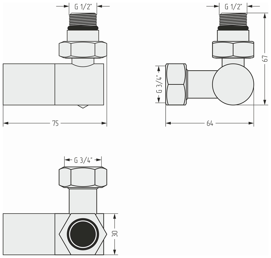 Вентиль 3D правый (цилиндр) G 1/2" НР х G 3/4" НГ (RAL 9007 Серо-алюминиевый), арт.9007-1403-1234