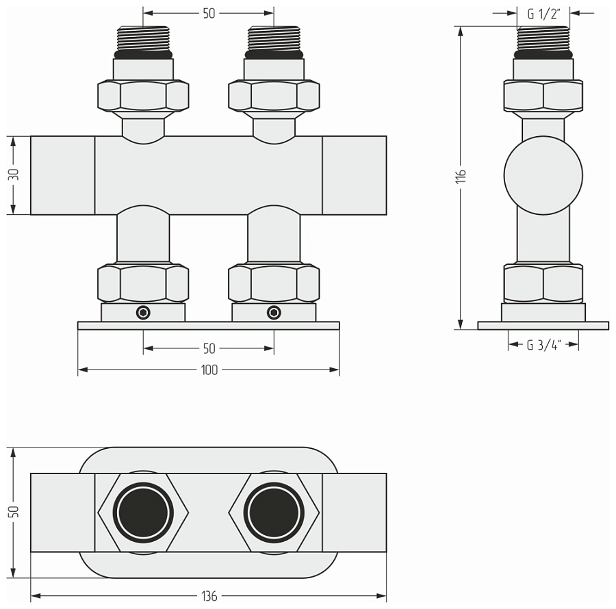 Вентиль 2х1/2" прямой скрытый-скрытый EU50 (Без покрытия), арт.00-1417-1234