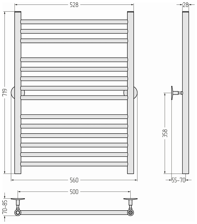 Водяной полотенцесушитель Стилье Универсал-53 800х500 (3+5+6) П 18, Без покрытия, арт.00653-8050