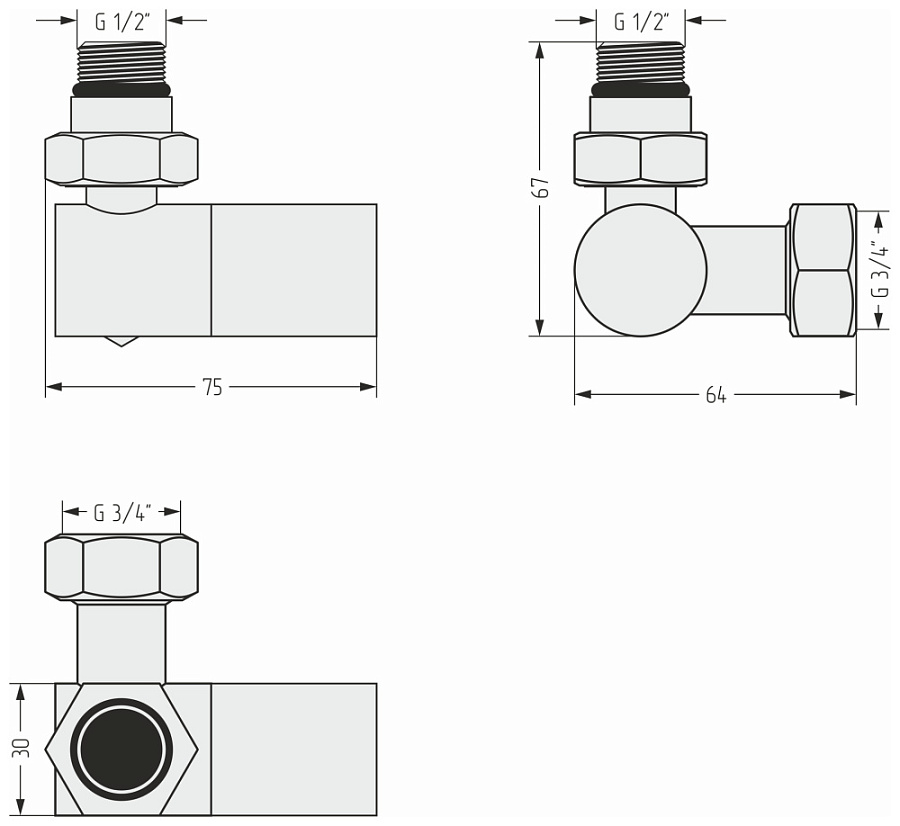 Вентиль 3D левый (цилиндр) G 1/2" НР х G 3/4" НГ (Без покрытия), арт.00-1402-1234