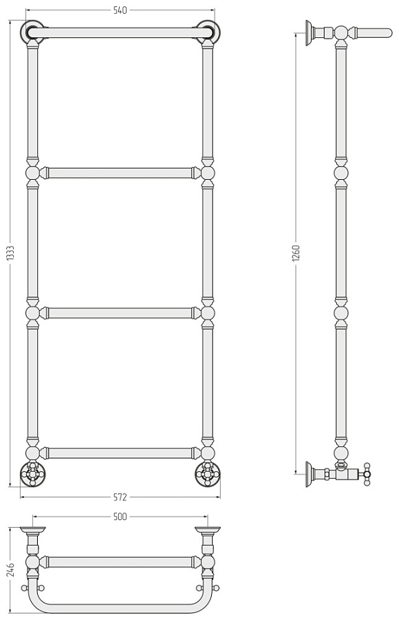 Водяной полотенцесушитель Сунержа Ренессанс 1386 1260x500, Без покрытия, арт.00-0281-1250