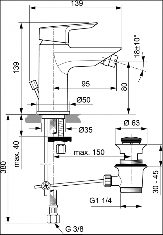 Смеситель для биде Ideal Standard Tesi A6579AA с донным клапаном