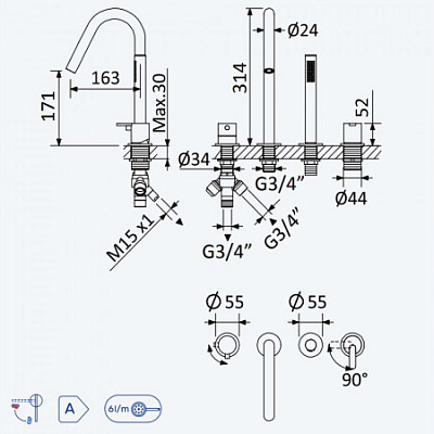 Смеситель на борт ванны, с наливом на ванну Bruma Leaf 167 990 1MM Morning Mist