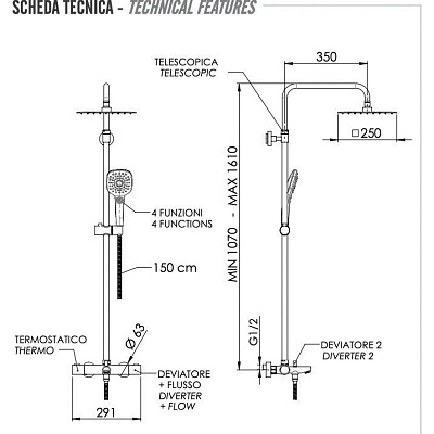 Душевая система термостатическая c изливом Remer EQ34A8CPUFS25NO, черный матовый