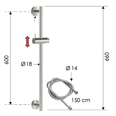 Душевая стойка 66 см с шлангом Remer INOX SS317M332, нержавеющая сталь