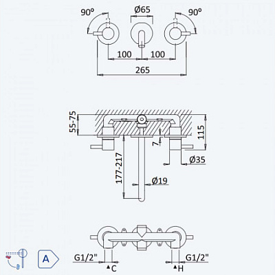E1070105SR Внешняя часть смесителя для раковины на 3 отверстия. Длина излива 170мм Bruma Lusitano Sunrise