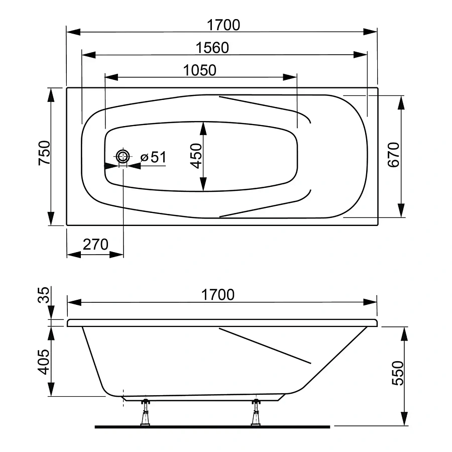Ванна акриловая VAGNERPLAST ARONIA 170x75