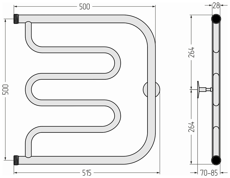 Водяной полотенцесушитель Стилье Тандем 500х500 резьба-сгон 1", Без покрытия, арт.00011-5050