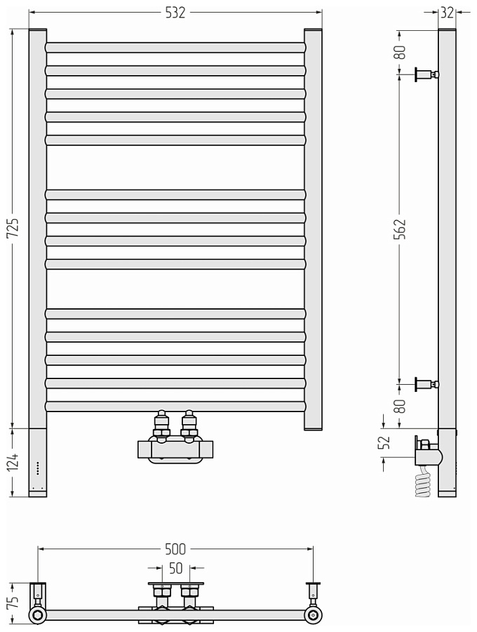 Электрический полотенцесушитель Сунержа Богема EU50+ 3.0 прямая 800х500, Без покрытия, арт.00-0720-8050