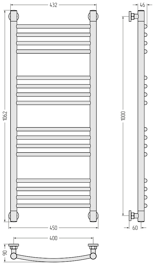 Водяной полотенцесушитель Сунержа Богема+ выгнутая 1000х400, Без покрытия, арт.00-0221-1040