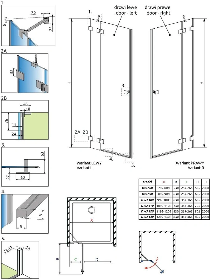 Душевая дверь Radaway Essenza Pro Brushed Gold DWJ 100x200 L стекло прозрачное/профиль брашированное золото