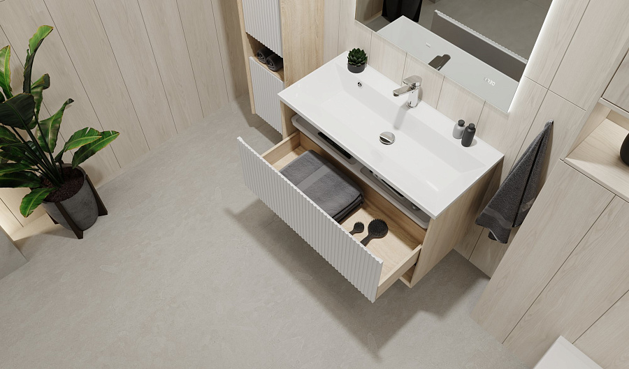 Тумба под умывальник Jorno Tossony 90 подвесная, cонома светлая/белый