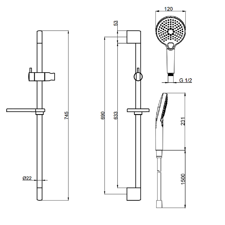 AQM8101CR Душевой гарнитур H=790мм, Ø120 мм, 3 режима, мыльница, шланг 1500мм, Хром