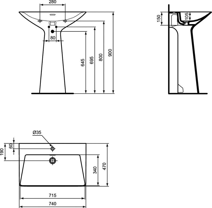 Раковина-моноблок Ideal Standard Atelier Tipo-Z T4425V3, черный матовый