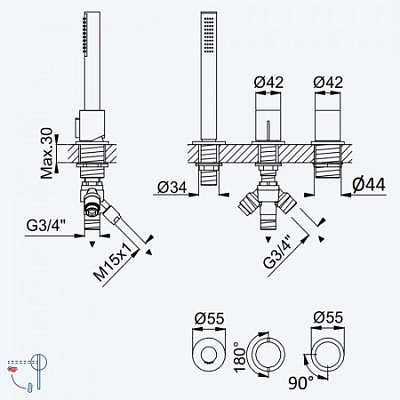 Смеситель на борт ванны, с ручным душем Bruma Elo - 2 выхода Avalon 189 500 1NS Night Sky