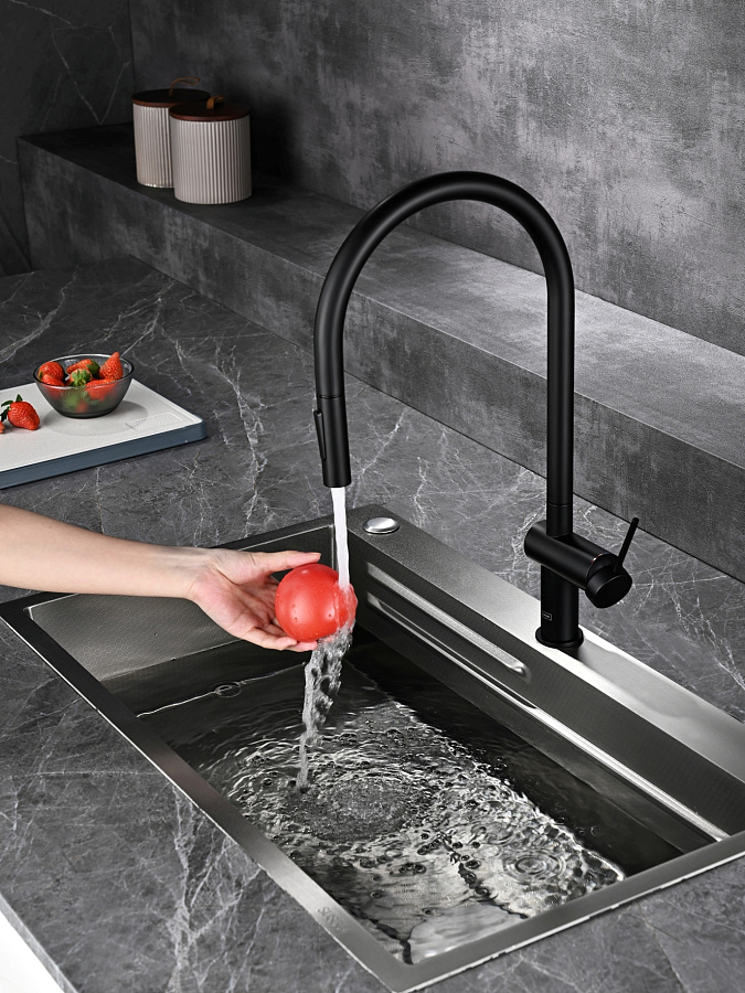 AQM9901MB Cucina Смеситель для кухни с выдвижным U-образным изливом,черный матовый